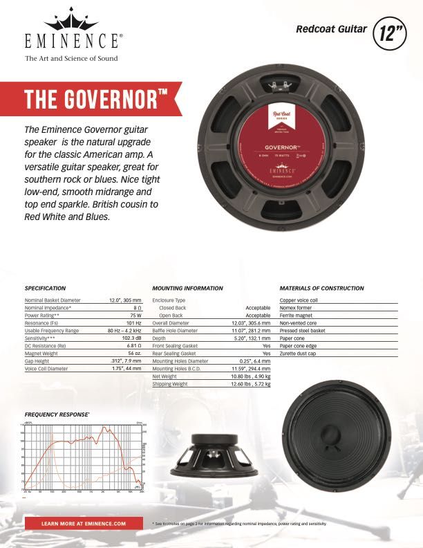 Głośnik gitarowy USA Eminence Governor 8 Ohm 75 Watt kolumna gitarowa