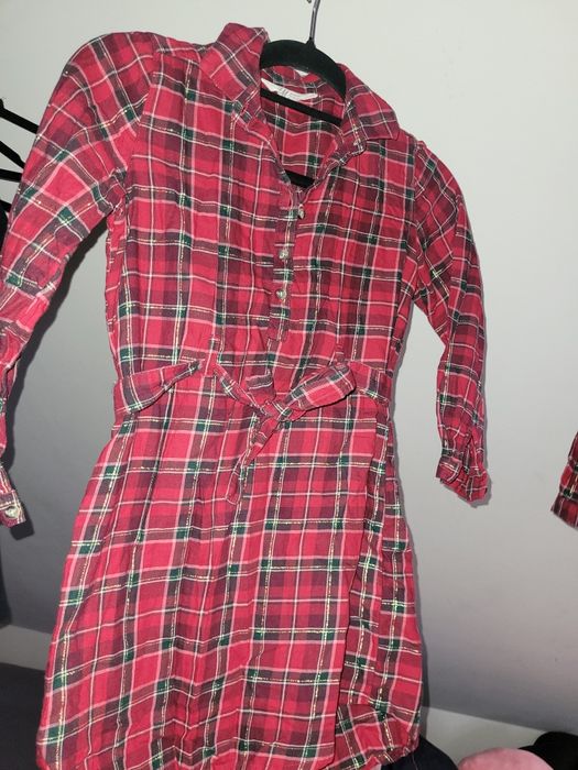 2 sukienki tuniki koszule w kratę bordowe czerwone 128 H&M bliźniaczek