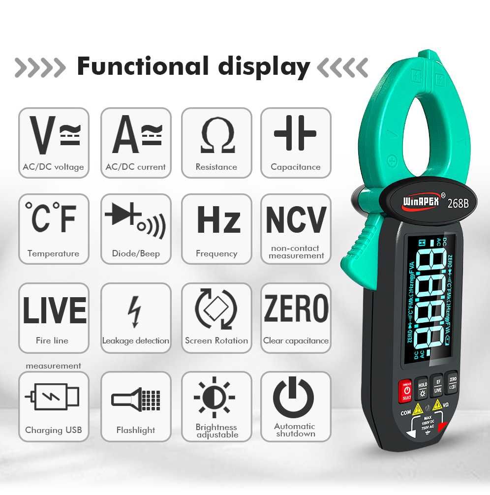 Клещи токовые WINAPEX 268B мультиметр AC/DC для дома и авто, заряд USB