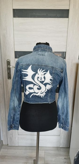 Katana kurtka jeansowa z haftem smokiem vintage retro L