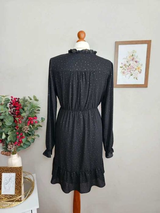 Sukienka damska czarna srebrne kropki święta sylwester Apricot M 38