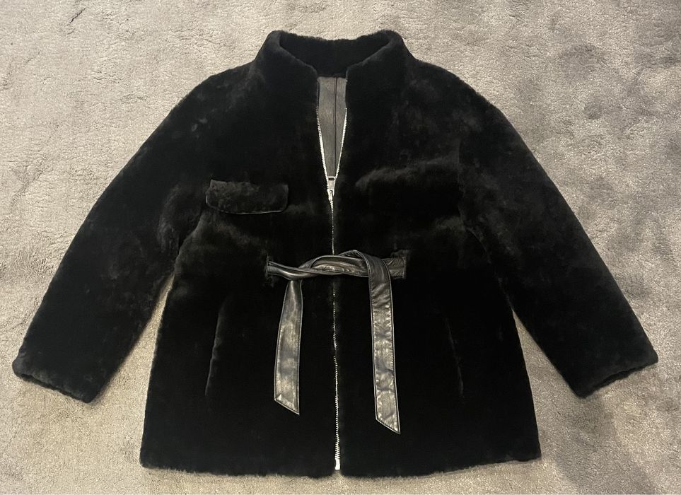 Kożuch naturalny czarna kurtka plaszcz wiazany S