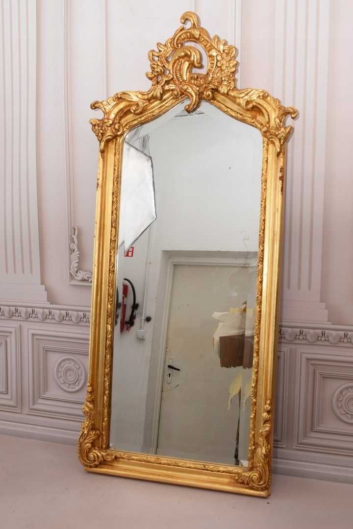 Pałacowe Drewniane Złote Smukłe Lustro z Francji - Piękna Rama - 110