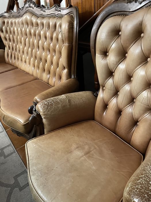 Conjunto de 3 sofás vintage em pele