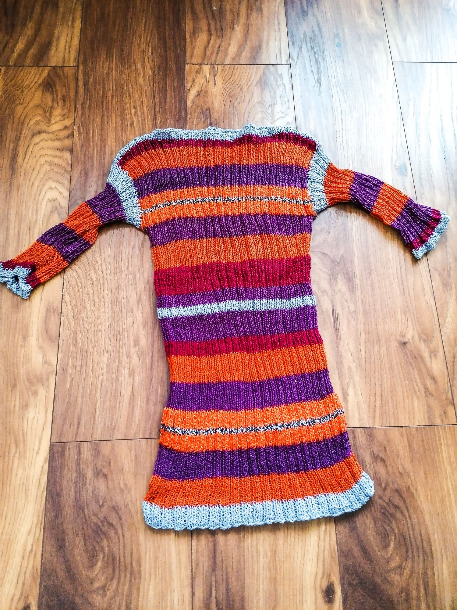 Sweter w paski z rękawami 3/4 dziergany vintage 70s art