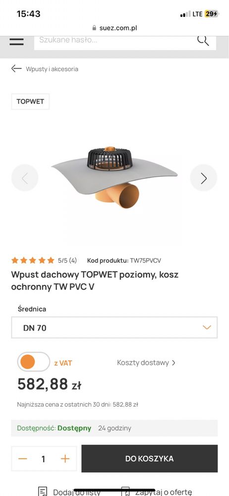 Wpust dachowy TOPWET poziomy, kosz ochronny TW PVC V