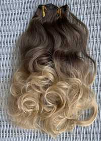 Włosy doczepiane, brąz / blond / ombre clip in, loki ( 480 )