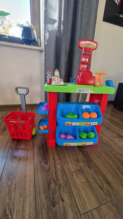 Zabawkowy sklep, Super Market, kasa, wózek