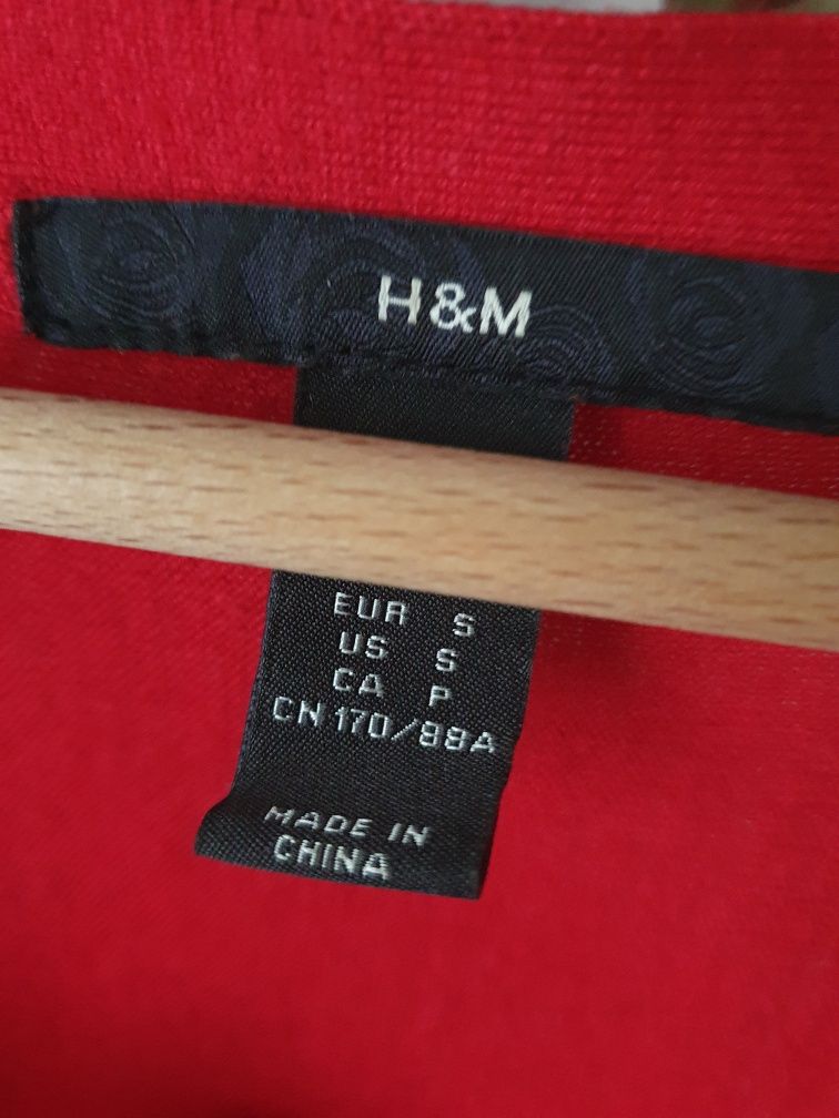 Czerwony malinowy sweter kardigan damski rekaw 3/4 świąteczny H&M S
