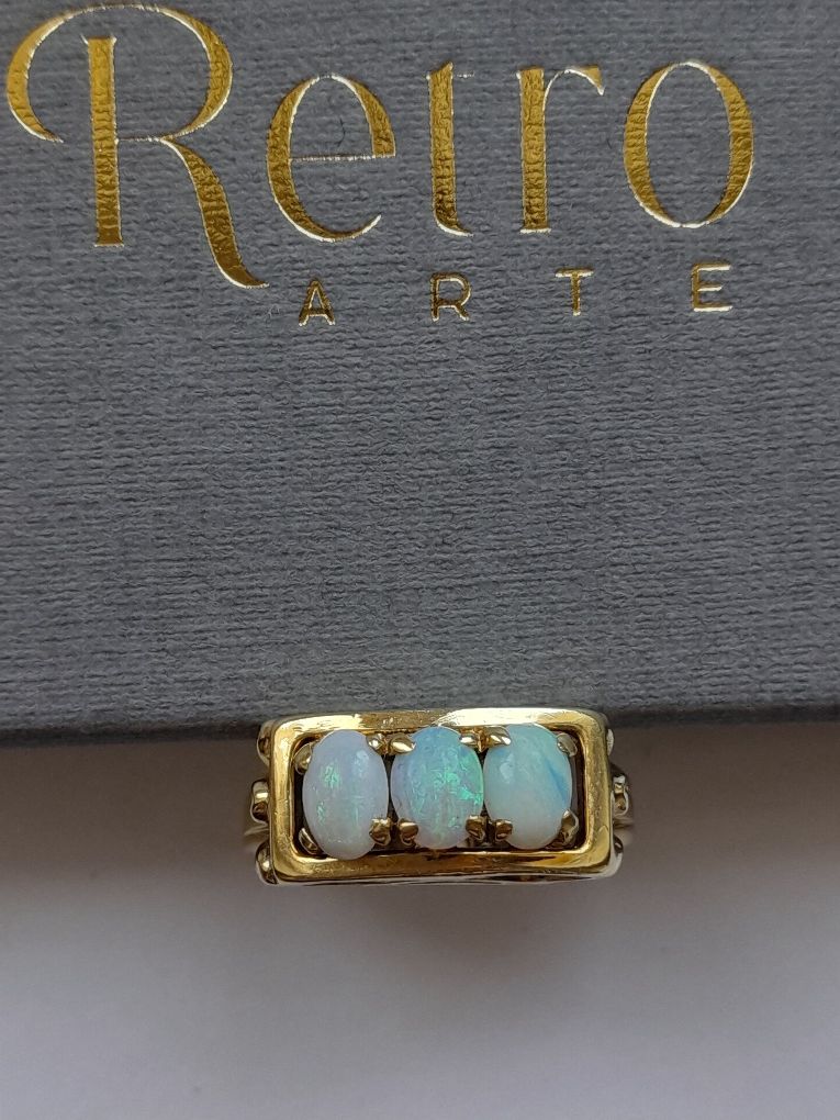 R.16 Piękny Art deco Pierścionek Opale naturalne Złoto 585