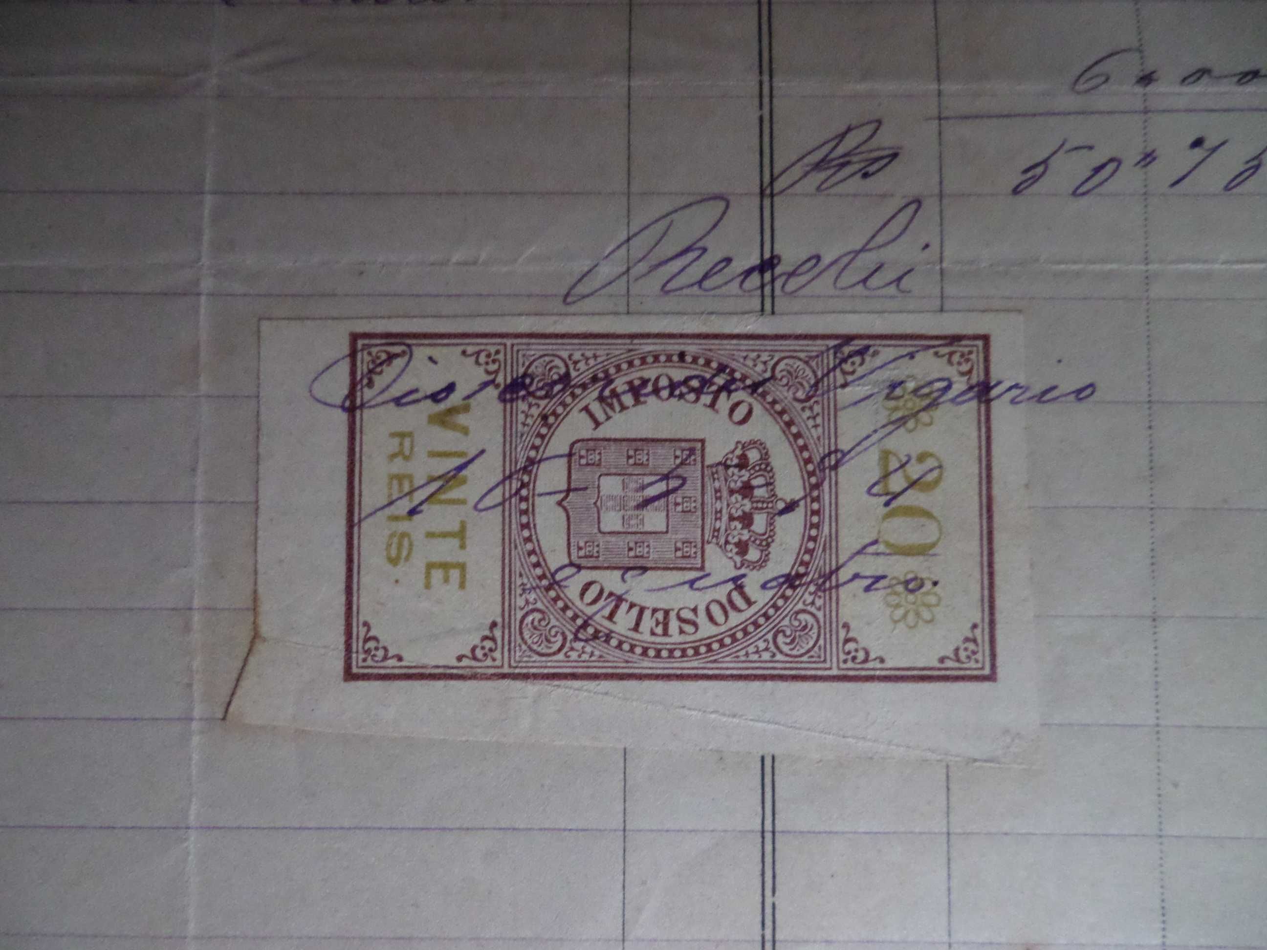 Documento:  Recibo com Selo 20 Reis , Ano  1894