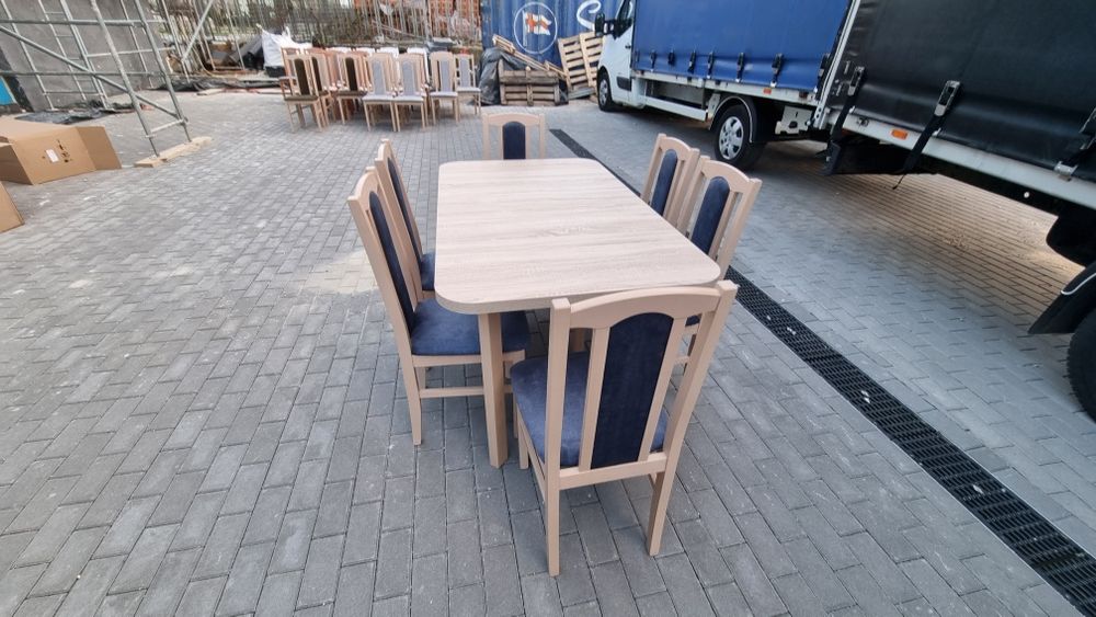 OD RĘKI: STÓŁ 80x140/180 + 6 KRZESEŁ, sonoma + metaliczny granatowy