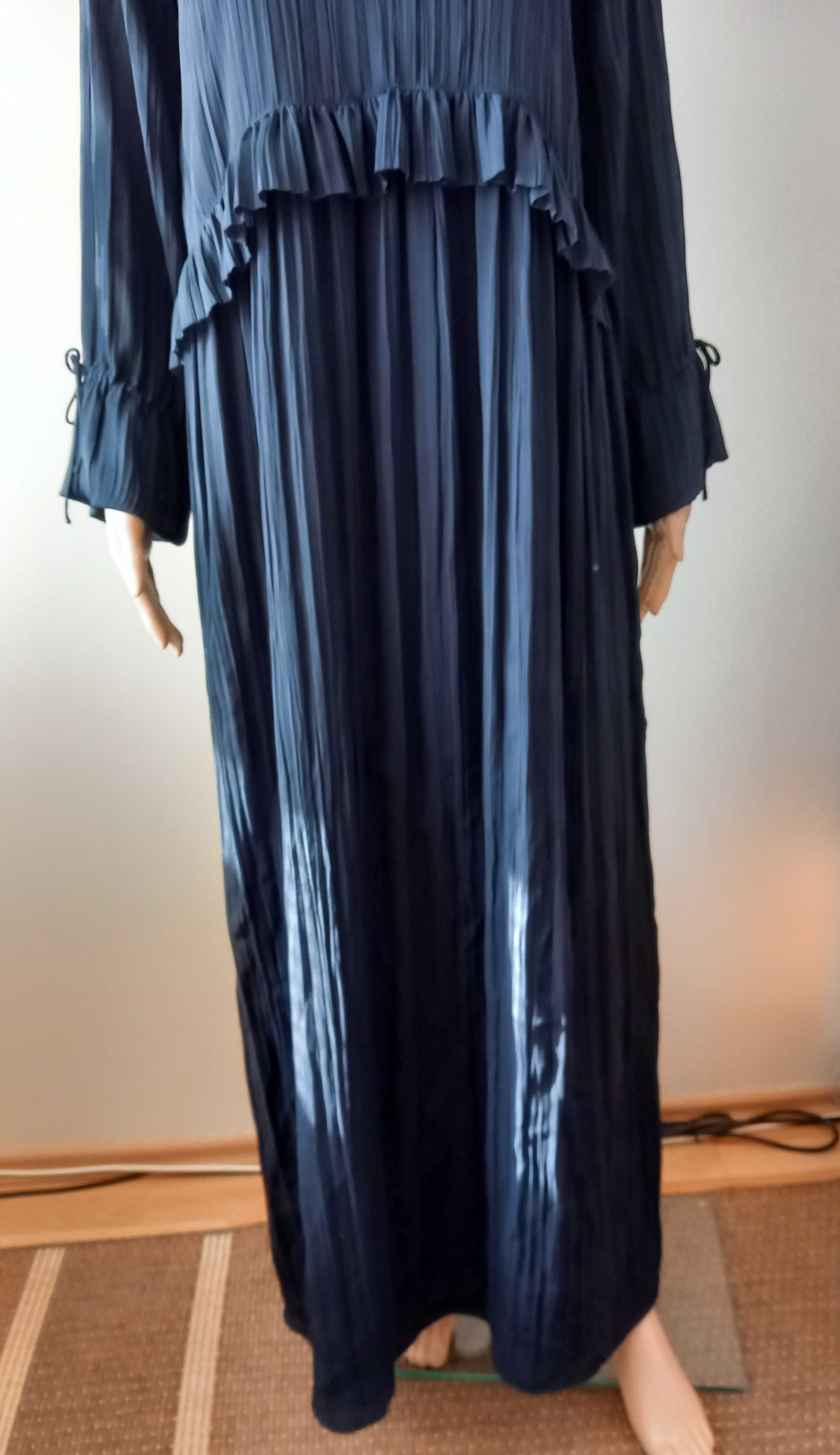 Massimo Dutti długa elegancka sukienka plisowana z falbaną wieczorowa
