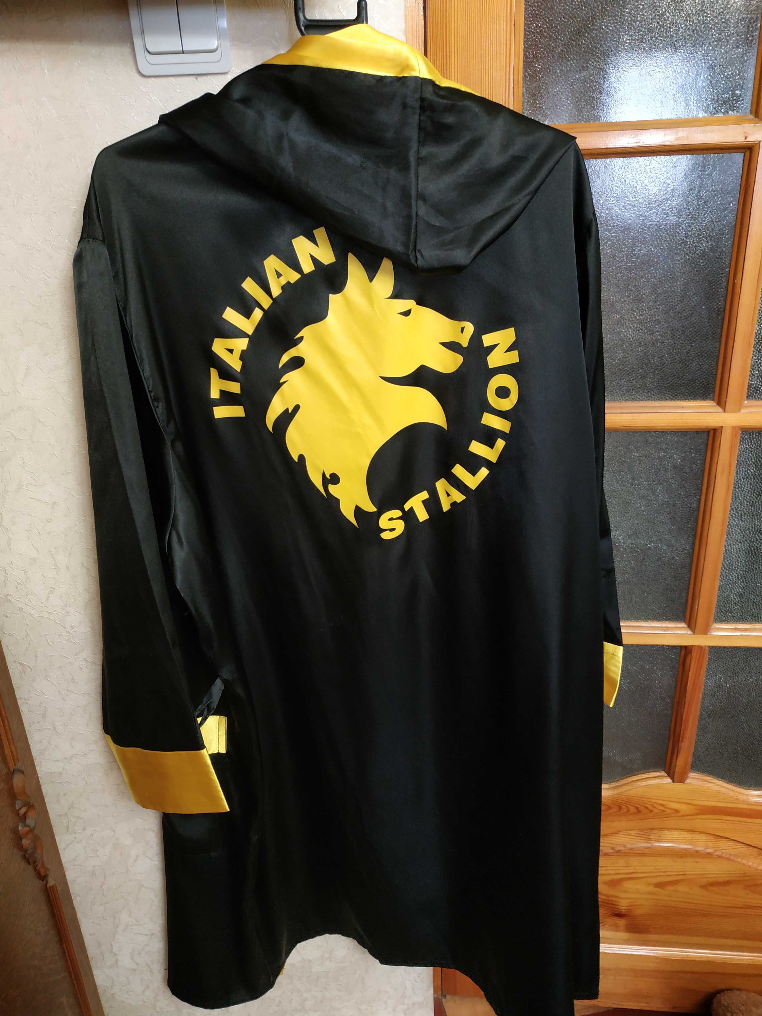 Чоловічий шовковий боксерський халат з капюшоном Рокі  Чорно-жовтий