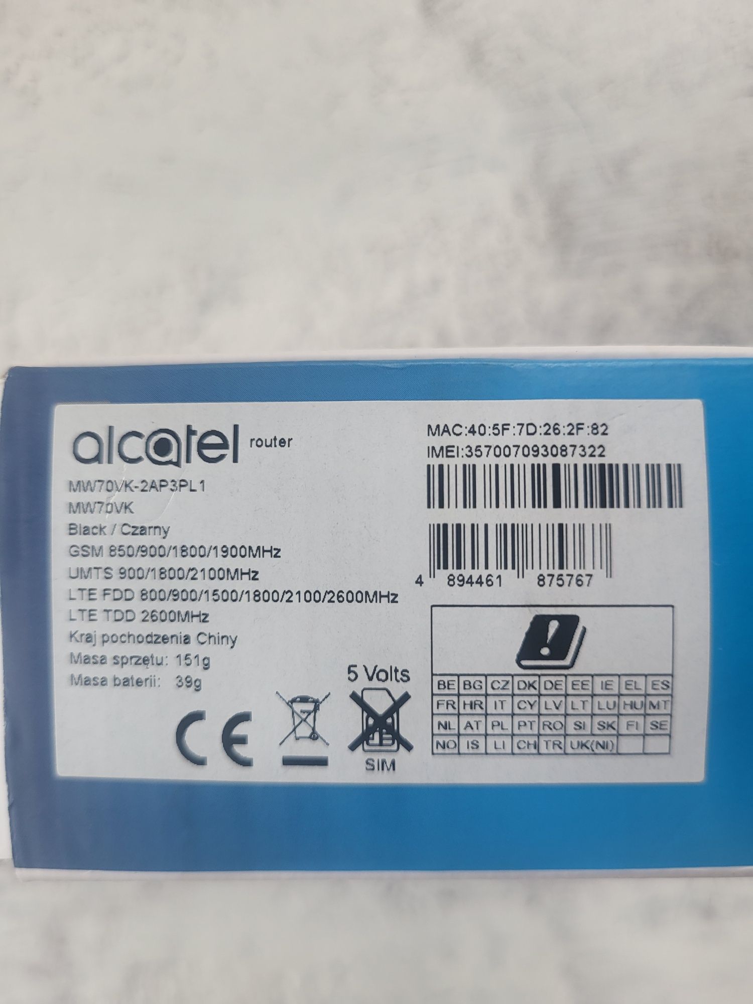 Alcatel MW70VK router mobilny przenośny 4G LTE na kartę SIM WiFi 300Mb