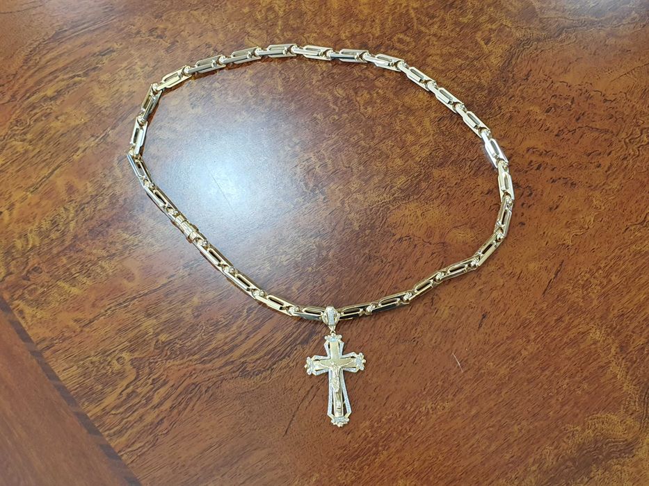 Złoty Łańcuch-128gr+KRZYŻ Z DIAMENTAMI-158 szt. - 0,80 ct.- próba 585.