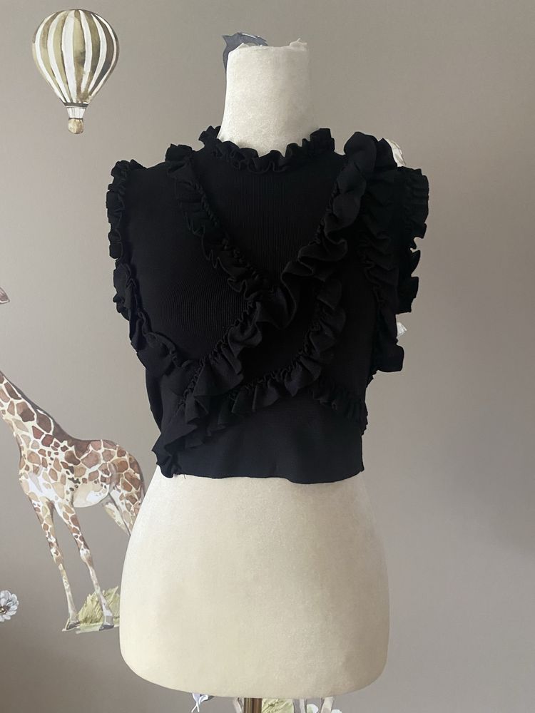 Top bluzka czarna zara crop top czarny falbanki