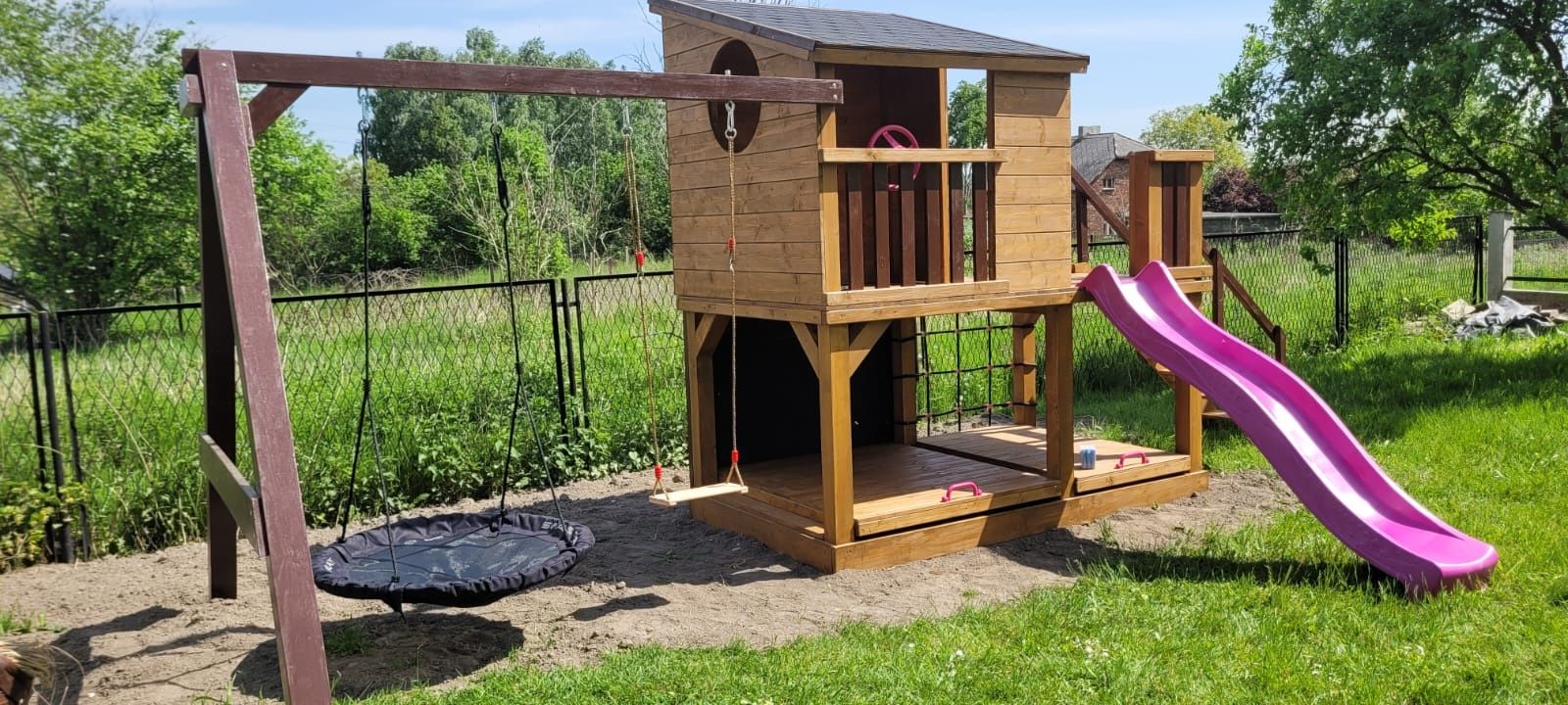 Drewniany plac zabaw, model PINOKIO huśtawka domek