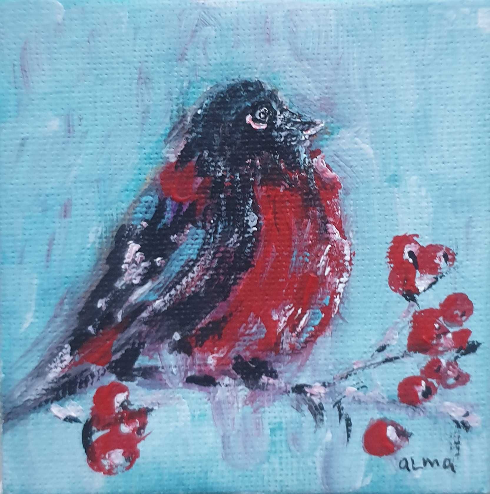 Mini obraz ręcznie malowany zima ptak +sztaluga