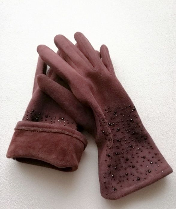 Rękawiczki eleganckie sztrasy cekiny Brązowe czekoladowe
