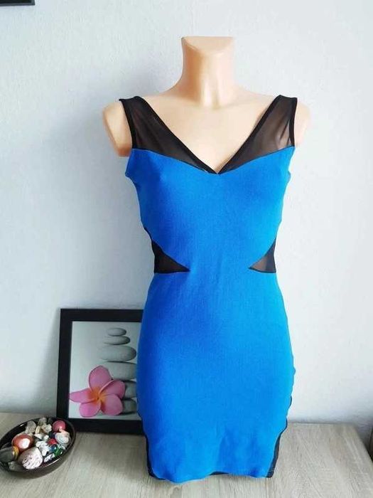 Sukienka kobaltowa S River Island sexy czarne wstawki tiul