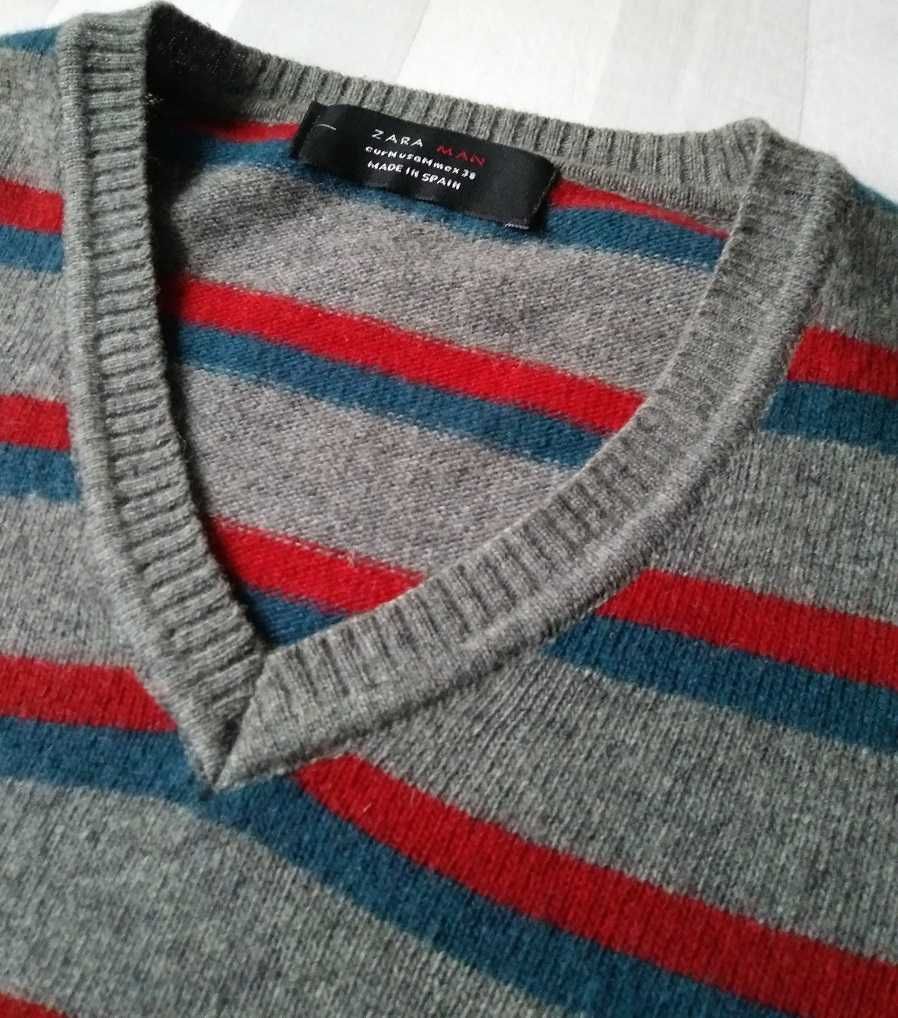 Zara Wełna 80% sweter męski wełniany szary niebieski czerwony M S/M