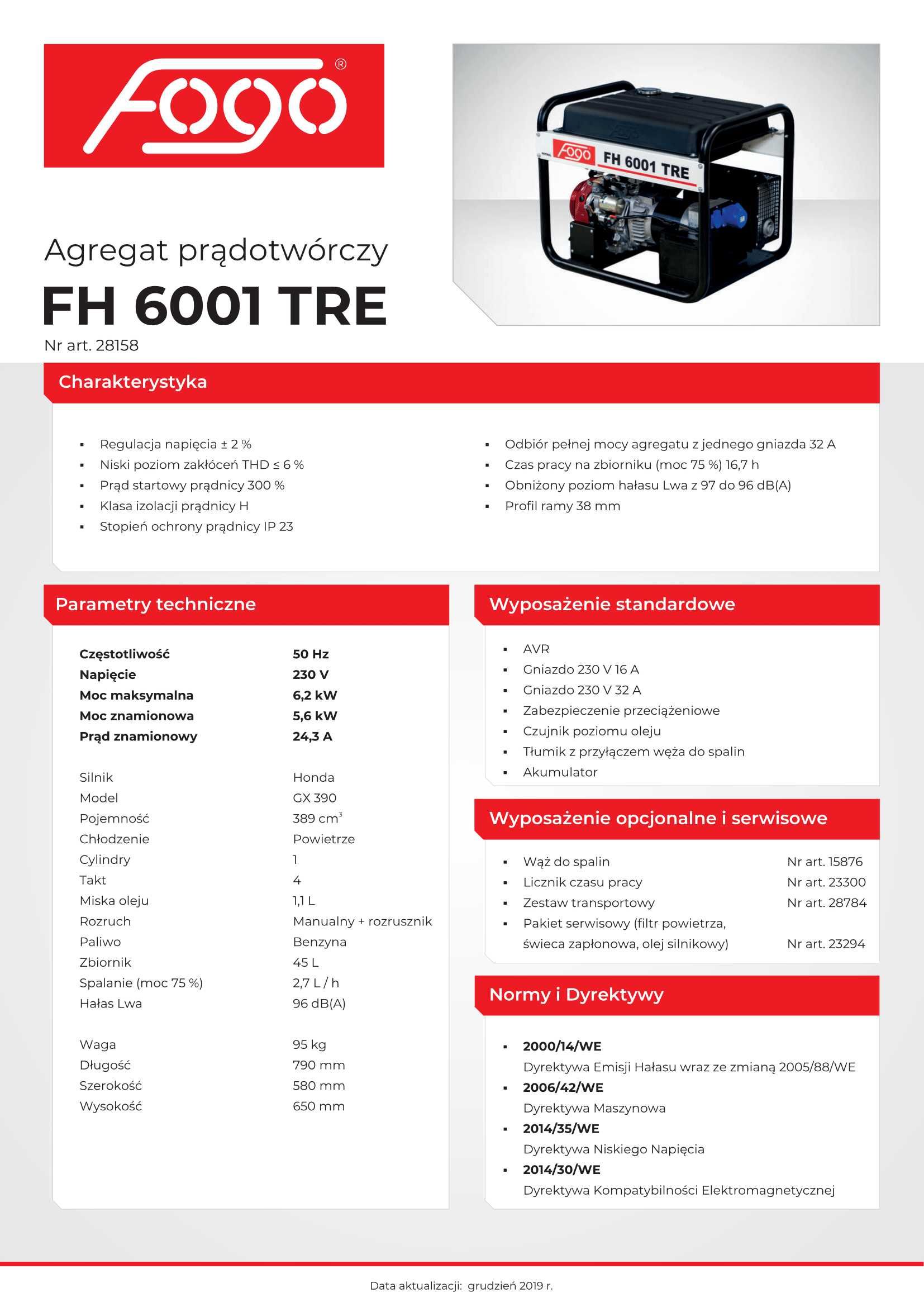 Agregat Prądotwórczy FOGO FH 6001 TRE  6.2 KW 230V