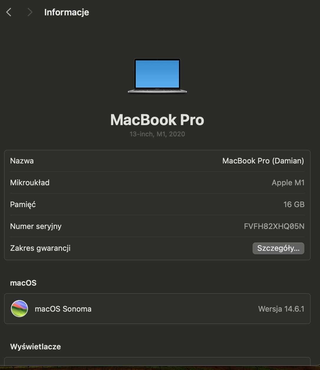 MacBook Pro 13" M1 16GB/256GB SSD Space Grey - Stan Idealny