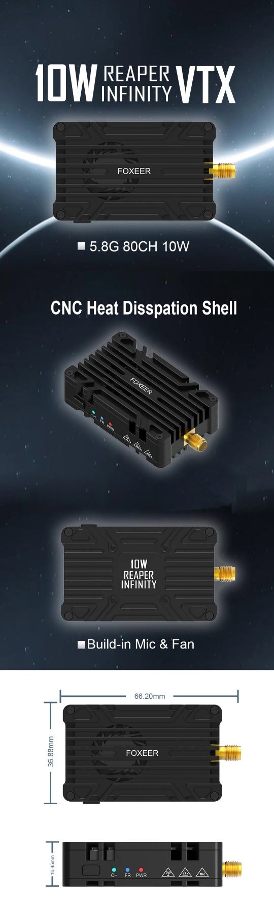 Відеопередавач Foxeer 4.9G-6G Reaper Infinity 10W 80CH VTX