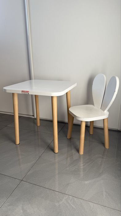 CUDANKI drewniany stolik + krzesło królik biały krzesełko stoliczek