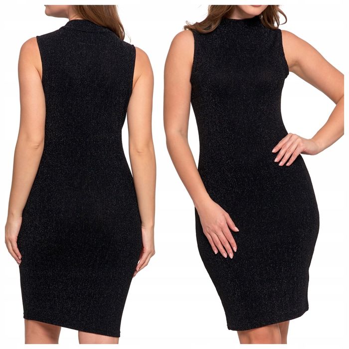 Sukienka Damska Midi Bez Rękawów Koktajlowa  Połysk Dopasowana Moraj S