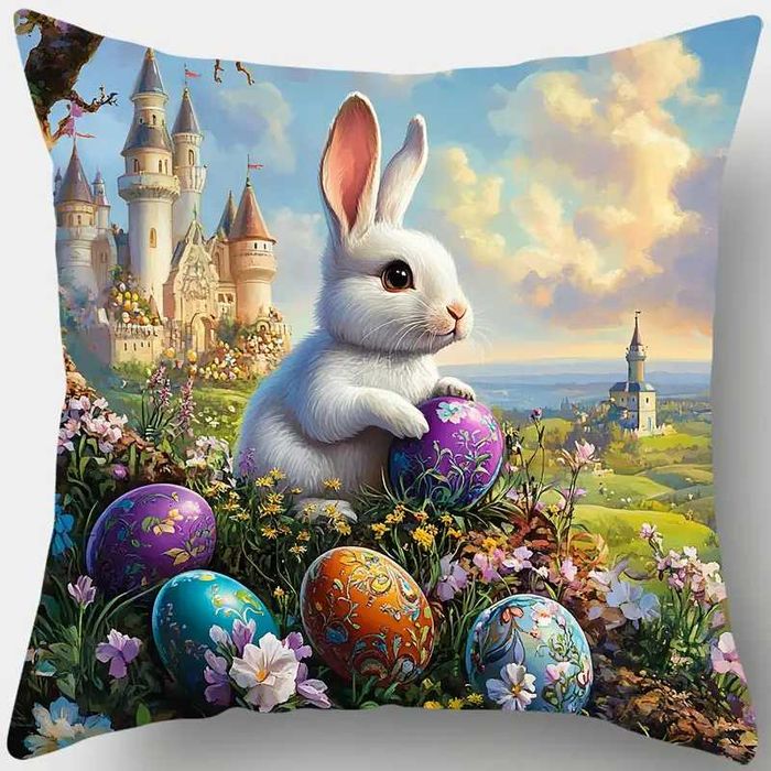 Zestaw 4 poszewek na poduszki z królikiem wielkanocnym, 45x45 cm