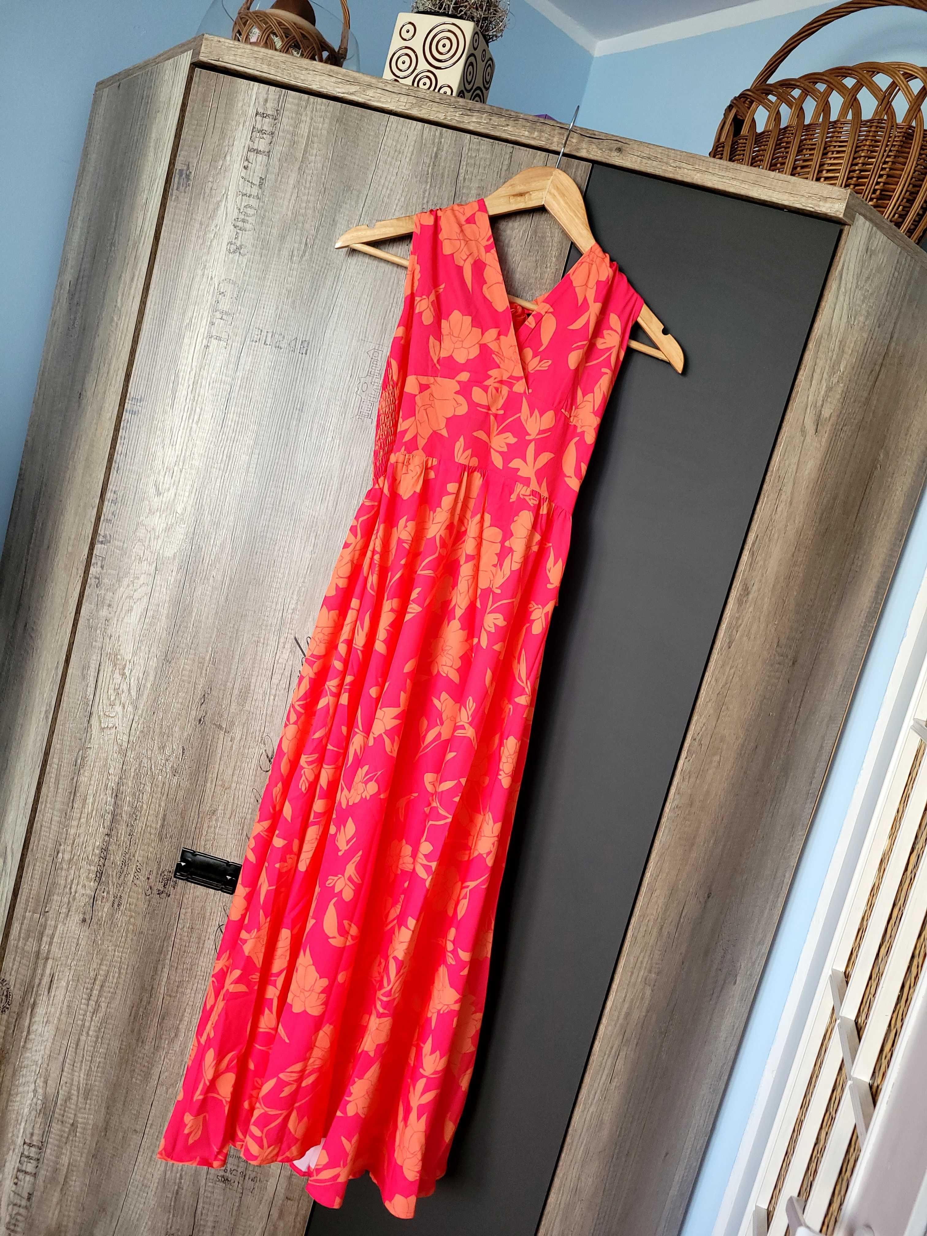 Długa maxi  różowa sukienka kwiatowa sukienka 36S