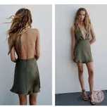 ZARA khaki satynowa sukienka mini krótka wiązana halter wesele M