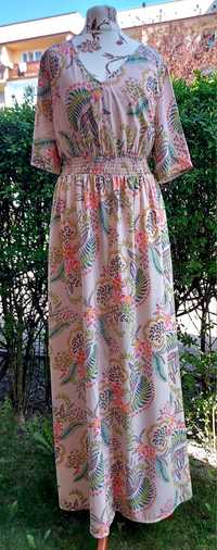 Xl sukienka letnia  różowa we wzory długa  rozkloszowana delkot v