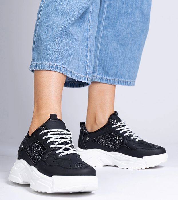 Czarne sneakersy damskie z brokatowymi wstawkami Caraballo