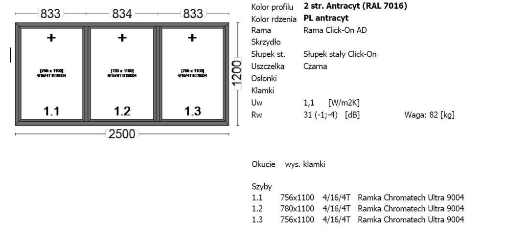 OKNA PCV ANTRACYT 7016 PAKIET 2 szybowy (700x1200/1600x1200/2500x1200)