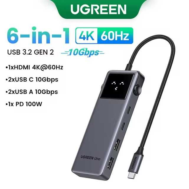 UGREEN hub 6 in 1 UNO HDMI 4K 60Hz, Type C ,PD 100W, USB-A + подарунок