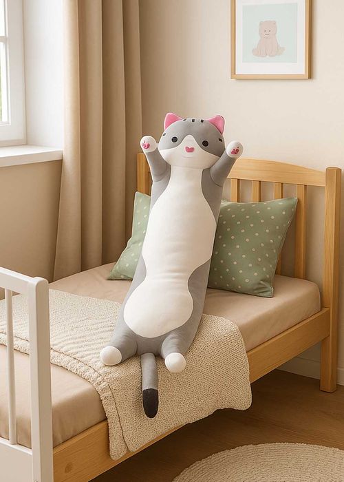 Duża Maskotka Pluszak Długi Kot Lucek 70 CM Szary Biały Na Prezent