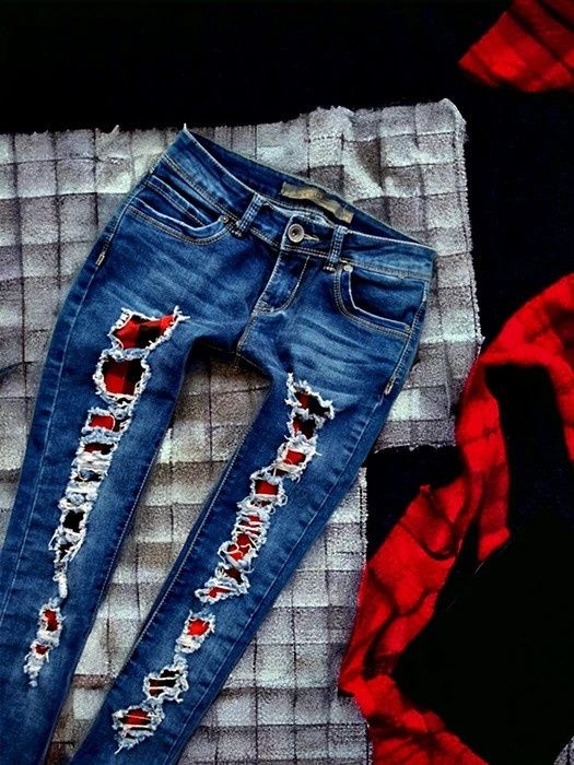 Spodnie Jeansy Dżinsy Rurki Krata Dziury Przetarcia Slim Punk Rock 34