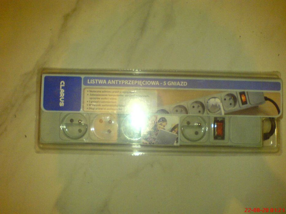 Listwa Antyprzepięciowa 5 Gniazd z Uziemieniem przewód 3 m NOWA W OPAK