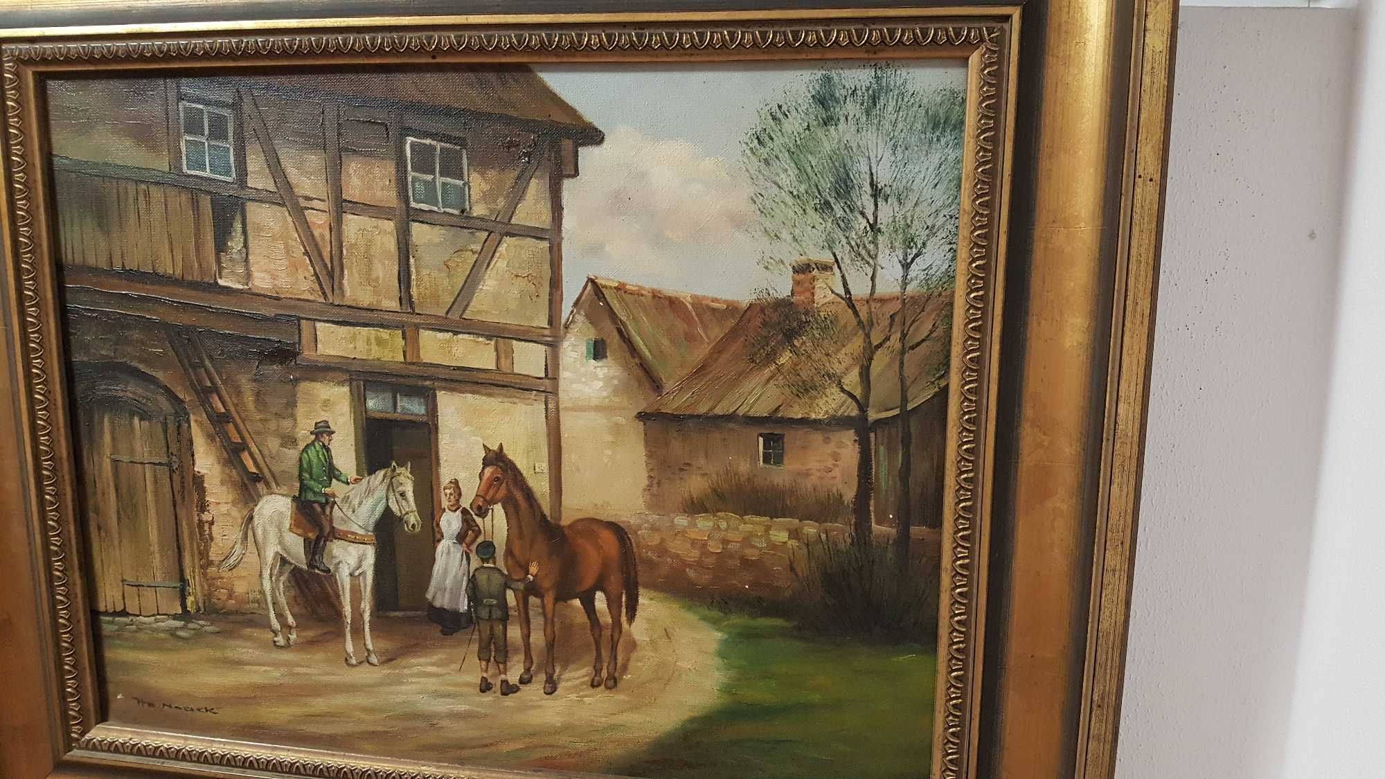 Obraz olejny Chata  wieś  konie Harri Noack