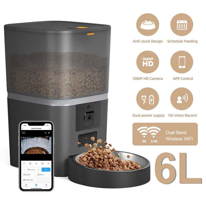 Dozownik karmy 6L z kamerą – wygodne karmienie psa lub kota