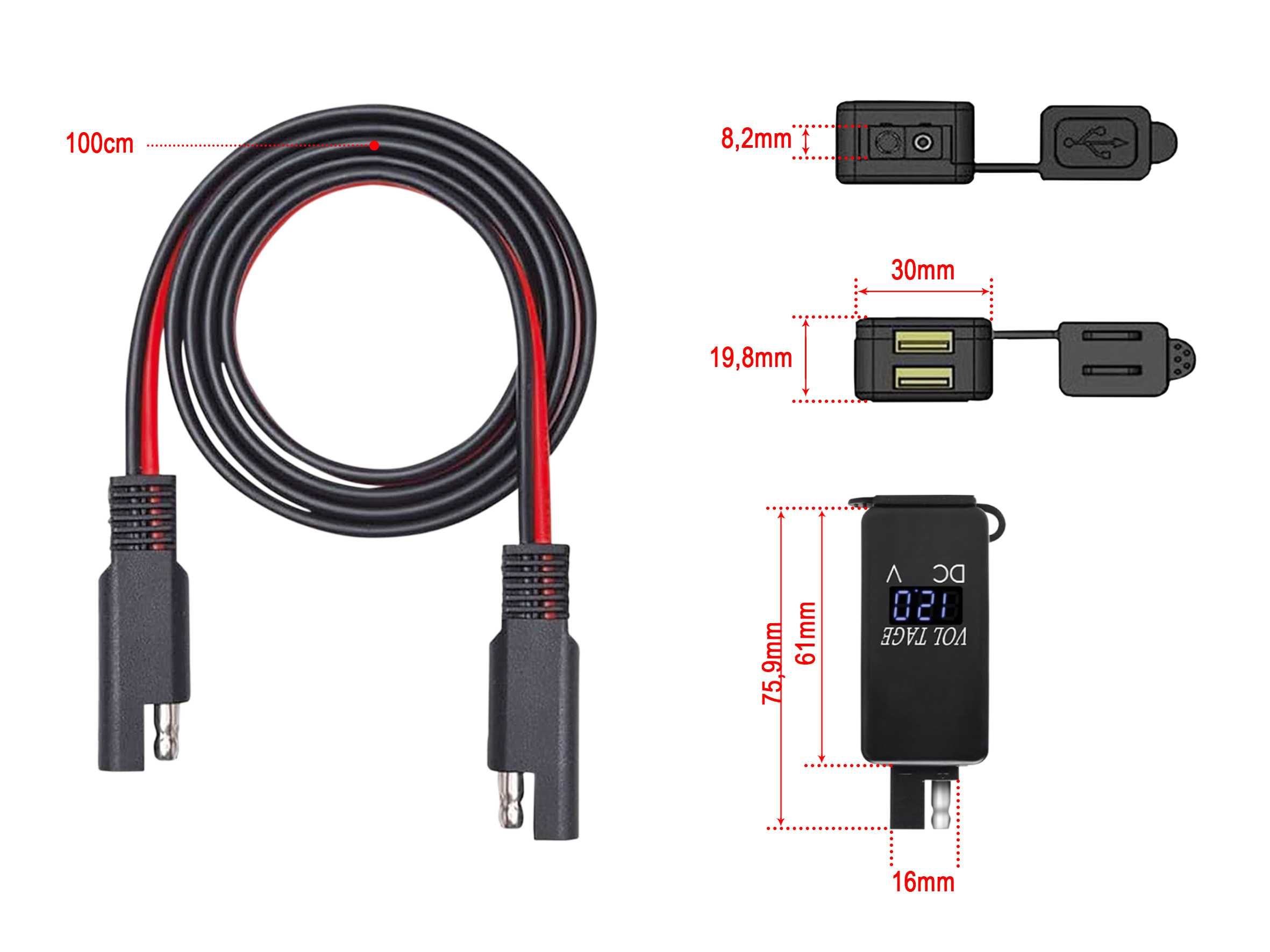 Carregador USB 2,1A Impermeável, ficha SAE e Voltímetro p/Motocicleta