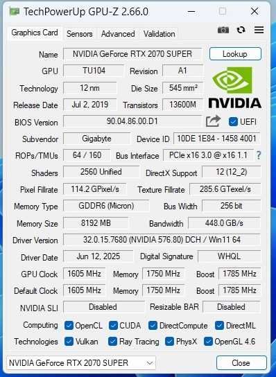 Gigabyte GeForce RTX 2070 SUPER GAMING OC 8GB GDDR6