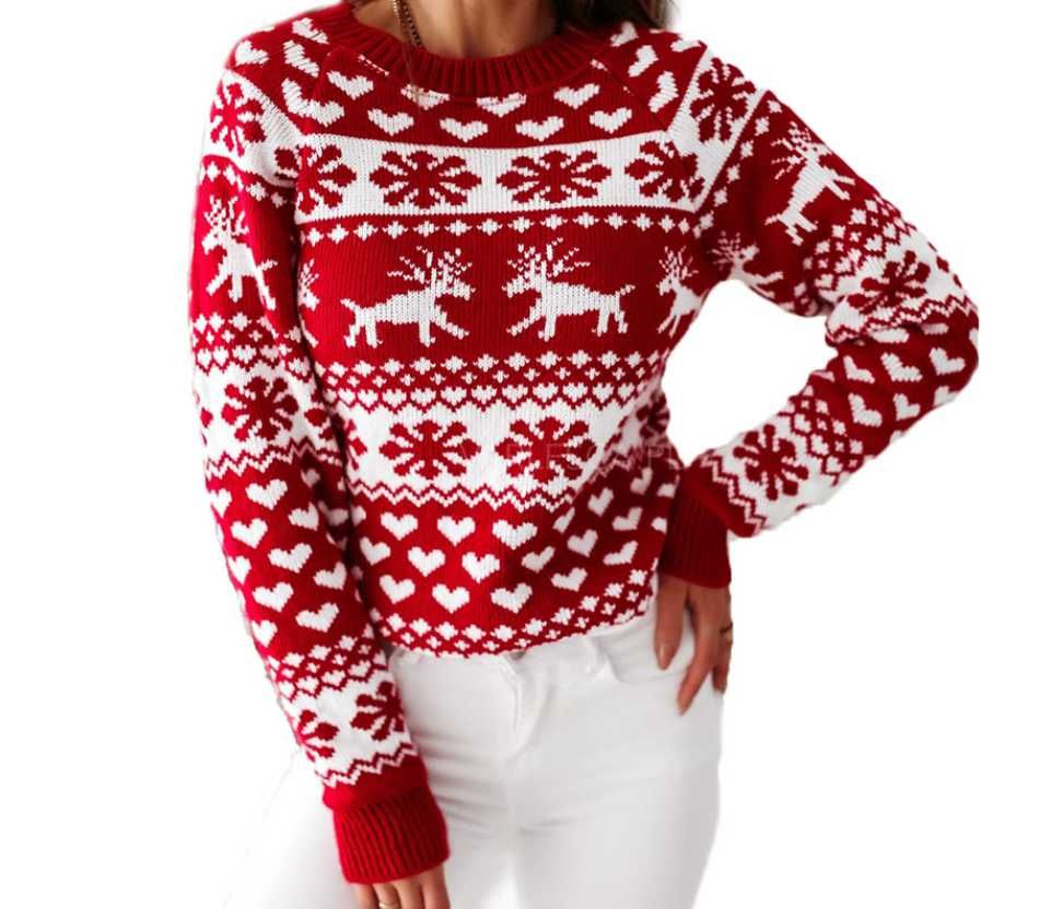 Miękki świąteczny ciepły sweter na święta w renifery śnieżynki