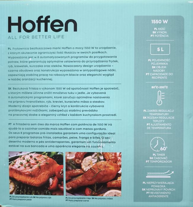 Frytkownica beztłuszczowa Hoffen 5 L, 1550 W, nowa.