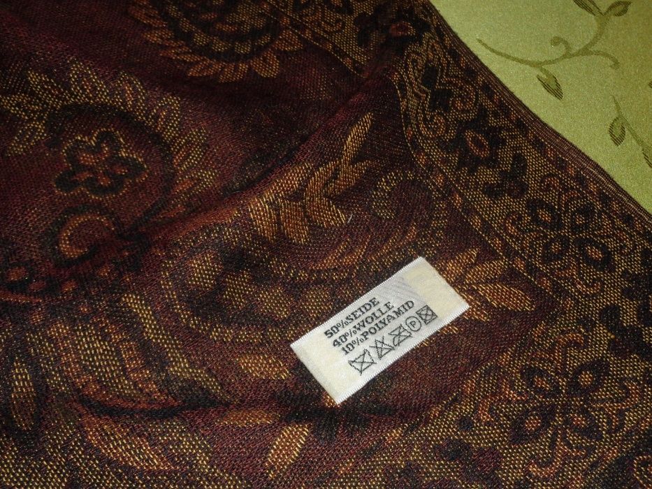 SEIDE i WOOL kaszmirowy brązowy duży szal szalik z frędzlami