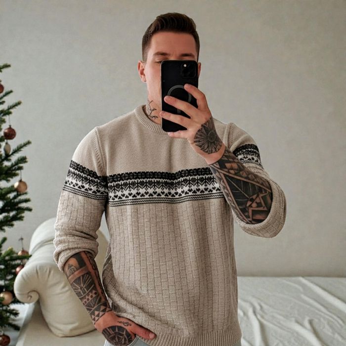 Świąteczny sweter męski wełniany wzór nordycki beżowy nowy
