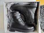 5th Avenue Bota de Tornozelo Salto Bloco Preto Couro Zíper Fivela 39